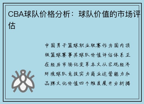 CBA球队价格分析：球队价值的市场评估